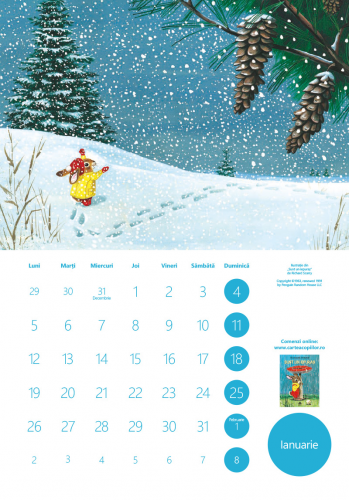 Calendar de perete pe anul 2026 cu ilustrații din cărți iubite de copii