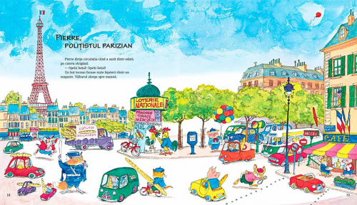 Roată, roată prin lumea toată, carte ilustrata pentru copii, povesti amuzante cu animale, despre orase din lumea intreaga